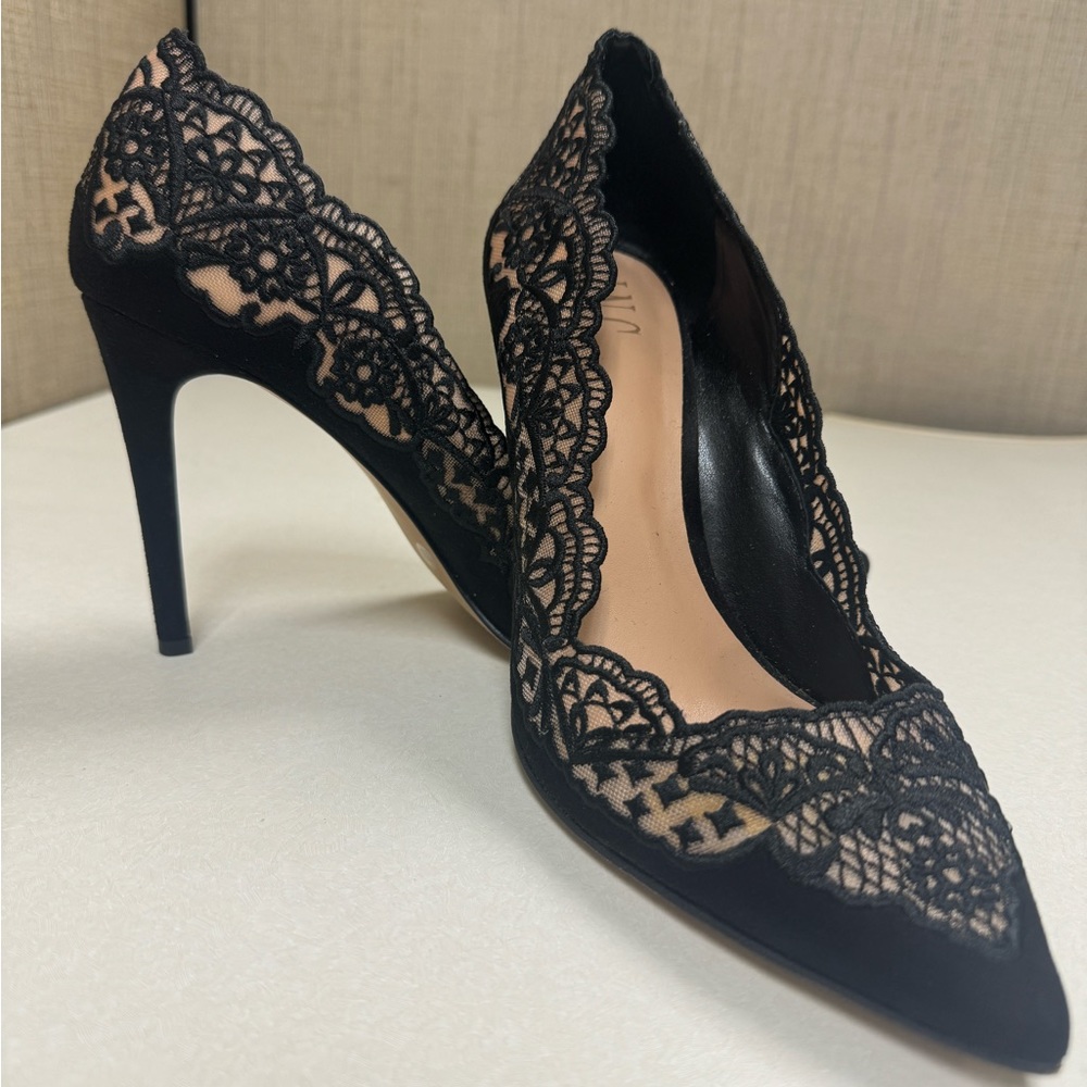 INC International Concepts Black Lace Scalloped Pointed-Toe Stilettos